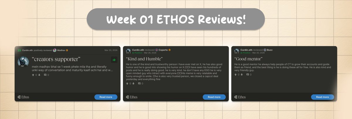 Week 01 (<a href="/ethos_network/">Ethos</a>) Reviews

i reviewed @coperto_xbt, <a href="/BuzzMalx/">Buzz</a> &amp; <a href="/MadhavBhola9/">Madhav</a> this week 

these are my some early review on ethos 👀

i recived Ethos invite code last week (special thanks to guro)

excited to drop more review in week 02