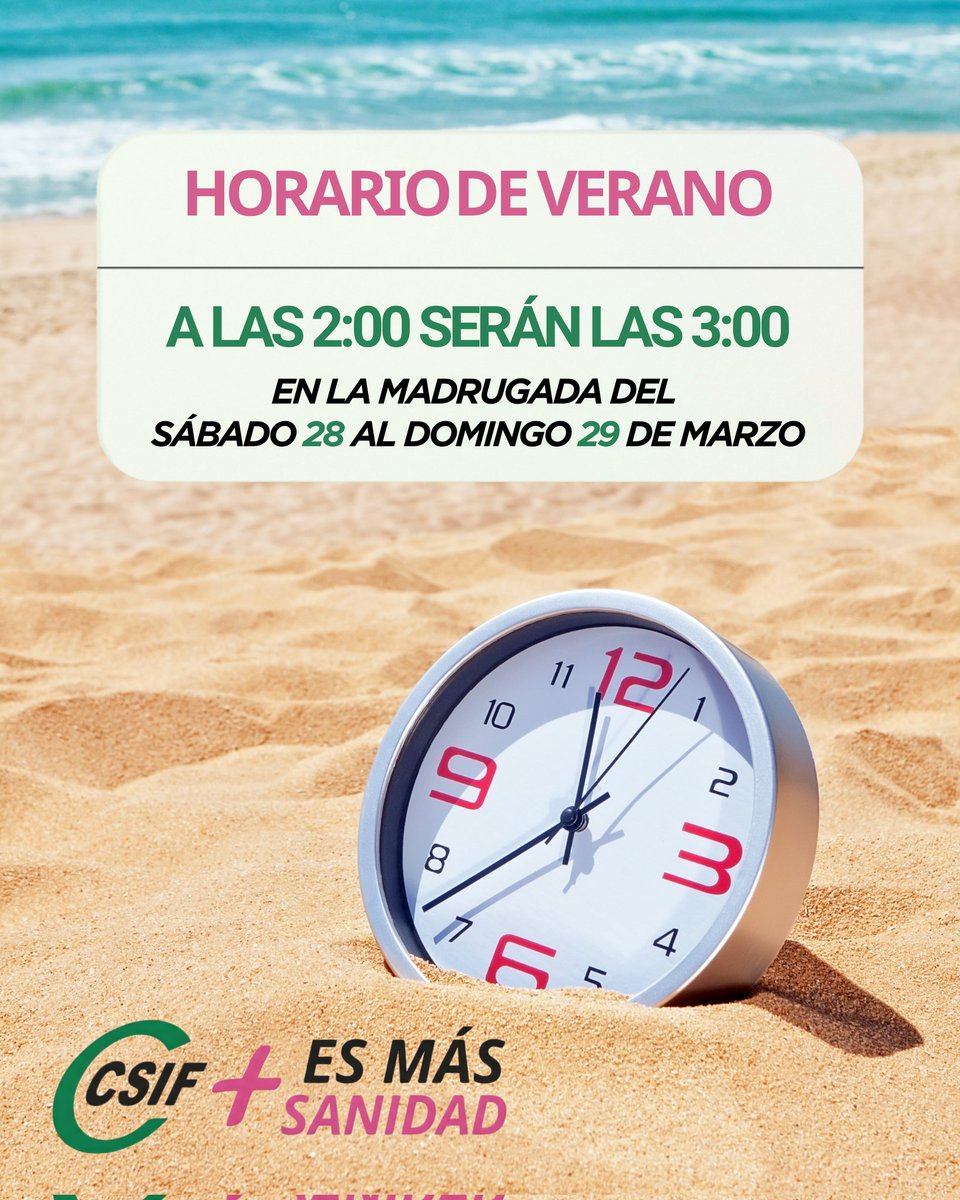 🕒 Recuerda el cambio al horario de verano

Un aviso importante para quienes estaréis en turno de noche y también para el personal de mañana, para que lo tengáis en cuenta con antelación. ☀️

📲 Redes CSIF Sanidad
lnk.bio/CSIF_Sanidad

<a href="/CSIFnacional/">CSIF Nacional</a> <a href="/CSIF_PRL/">CSIF PRL Nacional</a>