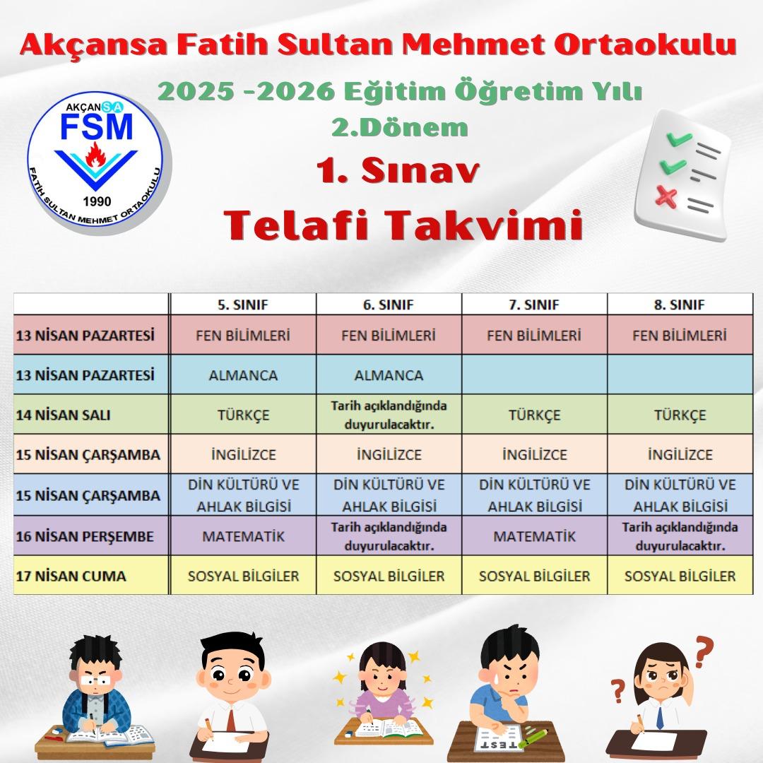 Değerli velilerimiz, sevgili öğrencilerimiz;

2. dönem 1. yazılı sınav takvimimiz paylaşılmıştır.
Sınavlara katılamayacak öğrencilerimiz için telafi sınav takvimi de ayrıca duyurulmuştur.