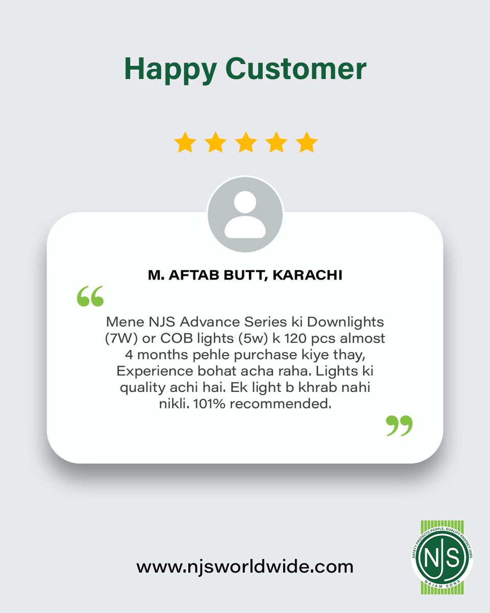 njssmartliving's tweet image. 120 units. 4 months. Zero issues. 💡

Real feedback from a satisfied customer using NJS Advance Downlights and COB Lights— consistent brightness, reliable performance, and built for projects that demand quality.

Shop now: njsworldwide.com
#LightingPakistan #LEDLights