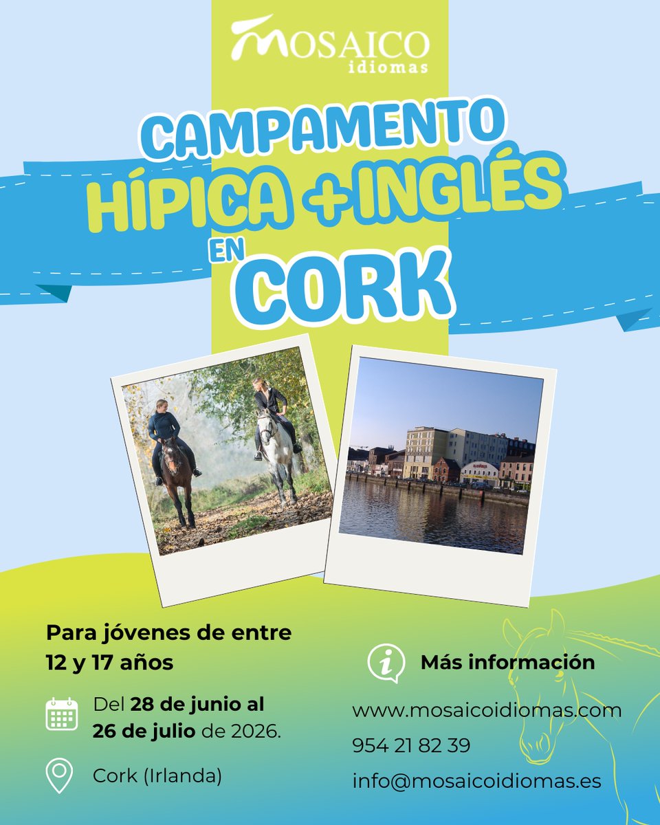 MosaicoIdiomas's tweet image. 🇮🇪#Campamento de 🏇#Hípica más #Inglés en #Cork (#Irlanda) combina el aprendizaje de inglés más hípica, con un amplio y variado programa de actividades como talleres, visitas culturales y excursiones
¡Tu mejor inversión!
¡Reserva ahora! 
+Información:
mosaicoidiomas.es/campamento-de-…
