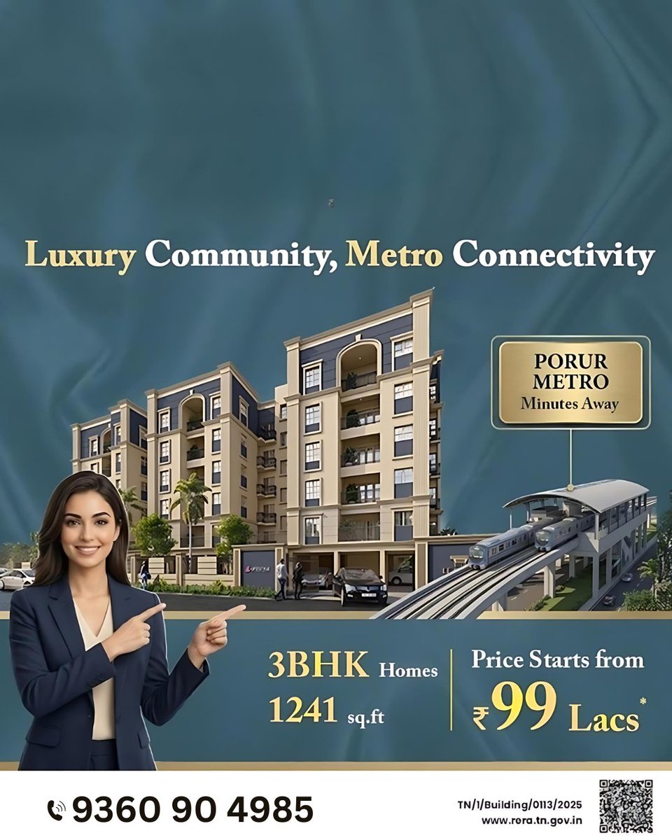 gobroker_tweets's tweet image. • Luxury Living with a Connected Lifestyle
• Just Minutes from Porur Metro 🚇
• Spacious 3BHK Homes – 1241 Sq.ft
• Premium Community for Modern Families
• Starting Price at Just ₹99 Lakhs
• Limited Units 
#PorurApartments #ChennaiProperties #gobroker #Chennaiapartment