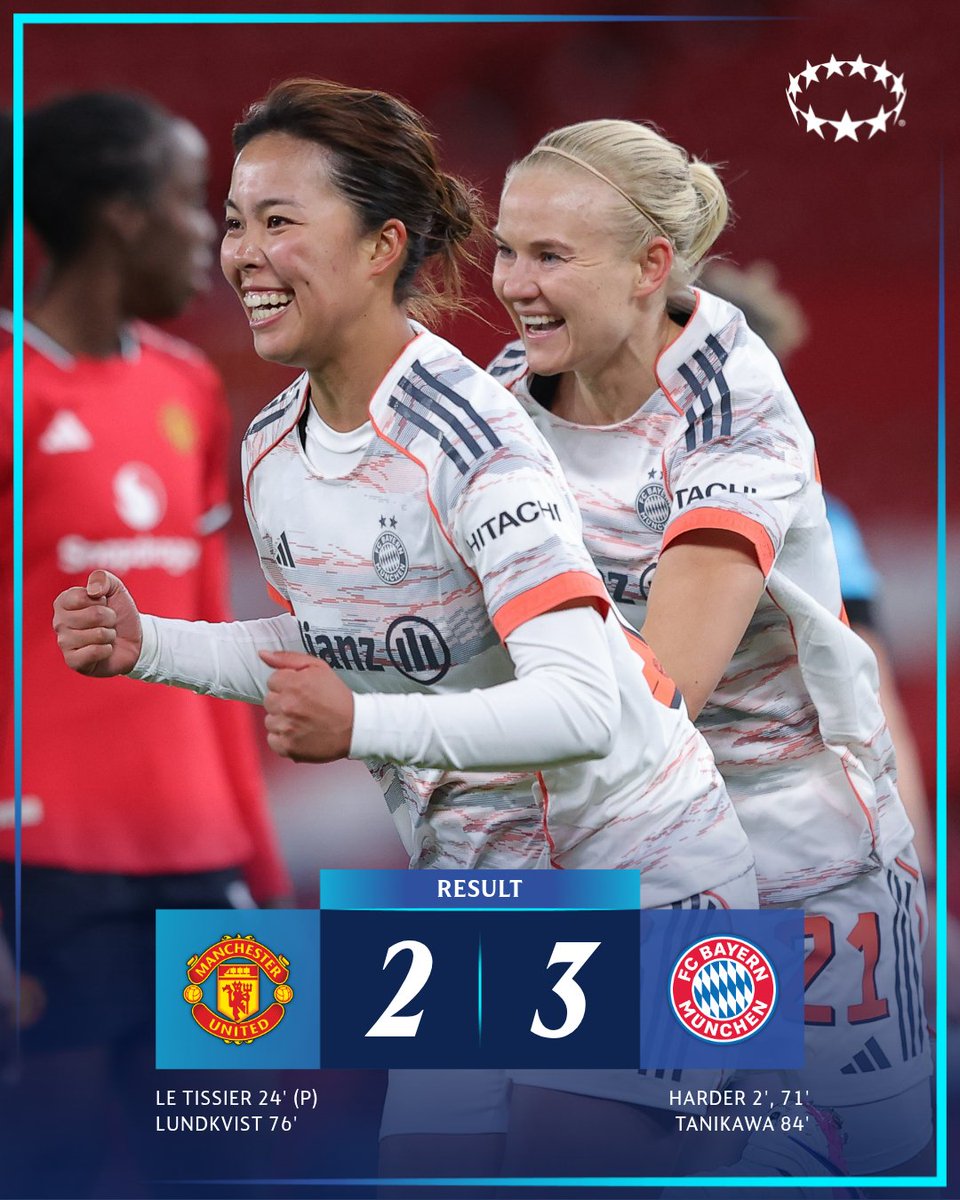 🌍 | #UEFAWomenCL

Manchester United ( 2-3 ) Bayern Munich 
🇩🇰 0-1 Pernille Harder
🏴󠁧󠁢󠁥󠁮󠁧󠁿 1-1 Maya Le Tissier
🇩🇰 1-2 Pernille Harder 
🇸🇪 2-2 Hanna Lundkvist
🇯🇵 2-3 Momoko Tanikawa

Cuartos de Final Ida
