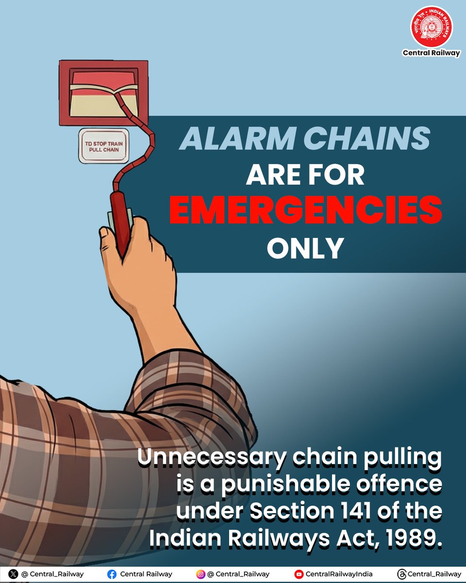 Central_Railway's tweet photo. 🚆 Travel Responsibly, Use the Alarm Chain Wisely! ⚠️
Use the alarm chain only in real emergencies 🚨
Unnecessary chain pulling is punishable under Section 141 of the Railways Act, 1989.
#CentralRailway #AlarmChainPulling #ResponsibleRailYatri https://t.co/HW17M0P4xv