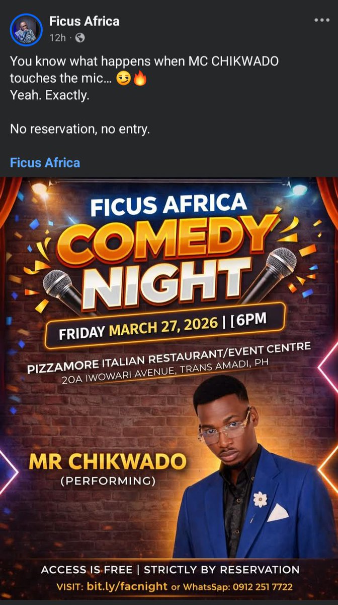 Mr_Chikwado's tweet photo. Dem no gat gist you o 
Book your reservation now let's have a good time tomorrow 
#fyp #mrchikwado #standupcomedy https://t.co/t77UlkKJxD