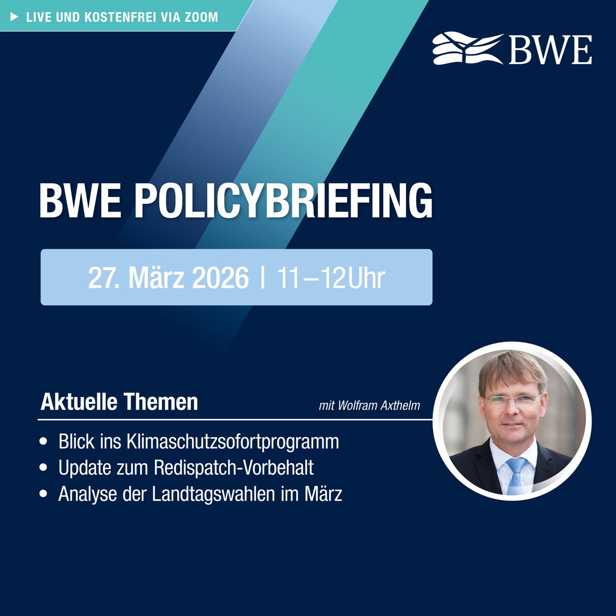 BWEeV's tweet image. PolicyBriefing am 27. März 2026, 11:00 Uhr! 
 
Steigende Energiepreise durch den Iran-Krieg zeigen erneut die Bedeutung des Windenergieausbaus für mehr Resilienz.  

🎯 Jetzt anmelden: zoom.us/webinar/regist…

#Energiewende #IranWar‌ #Blackout #Berlin