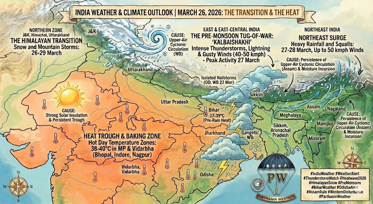PIW44's tweet photo. 26th - 30th March 2026: National Weather Analysis: The WD-Pre-Monsoon Tug-of-War!
https://t.co/G0NMyH402C

​#IndiaWeather #WeatherAlert #ThunderstormWatch #Heatwave2026 #HimalayanSnow #PreMonsoon #BiharWeather #OdishaAlert #AssamRain #WesternDisturbance #parthaninweather https://t.co/eS7hefivGh