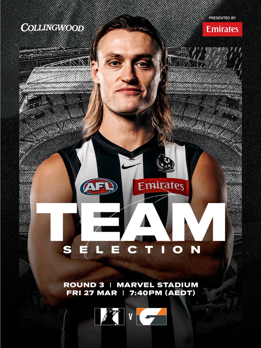 CollingwoodFC's tweet image. We've made three changes for tomorrow night's clash with the GIANTS at Marvel Stadium 👀

More: magpi.es/TeamRD3