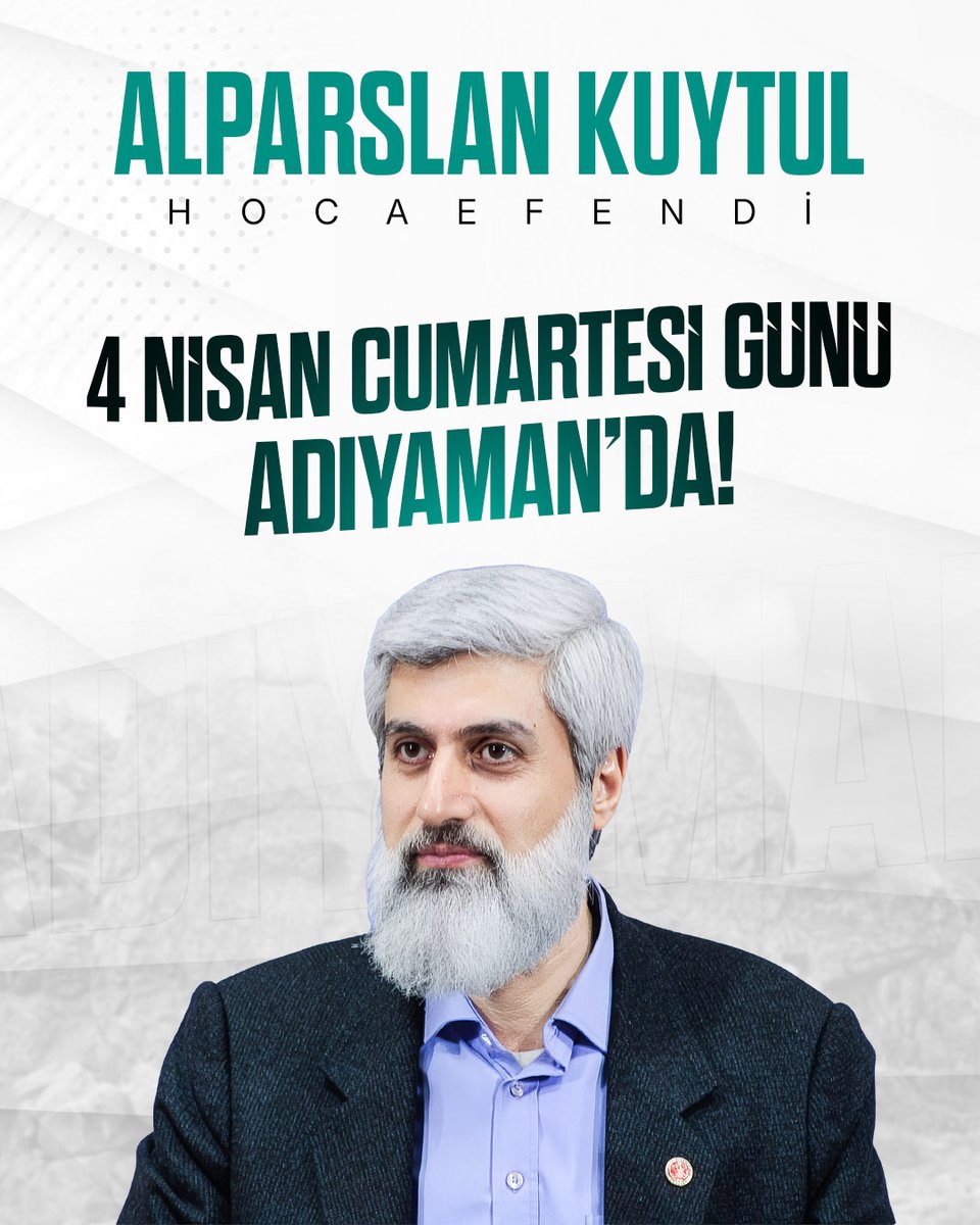 Alparslan Kuytul Hocaefendi Adıyaman’da!

🗓 4 Nisan Cumartesi

#FurkanKonferansları