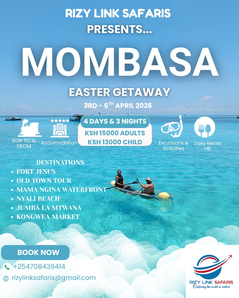 LinkRizy's tweet photo. Planning for the Easter holiday? 
Join us for an Easter Getaway to Mombasa for 4 days (3-6 April 2026)
Transport via SGR. 
Accomodation booked. 
Itinerary planned out. 
For bookings and inquiries contact us on 0708439414
#Easter2026 #EasterRising #rizylinksafaris #TukoNdani #Mba https://t.co/oPGBFfDUy3