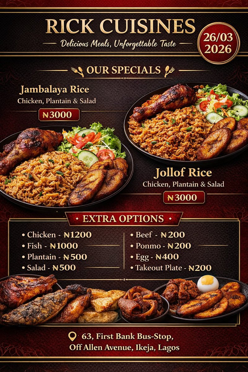 RickUmah's tweet image. Good morning and welcome to a beautiful Thursday! ☀️
Rick Cuisines brings you rich, flavorful Jollof and delicious Jambalaya rice — perfectly prepared to satisfy your cravings! today.
Place your order now and enjoy a taste you won’t forget!
#HealthyMeal #HealthyLife