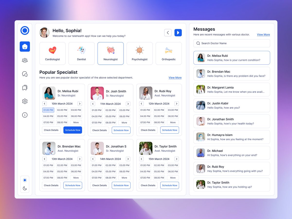 helloaksarkar's tweet photo. Designed this telehealth dashboard with specialist categories, available time slots, and a messages panel — all visible at once.
🚀 Building a healthtech product? DM me — UX can save lives.
#HealthtechDesign #AppDesign #UIDesign #TelehealthUX" https://t.co/rWOMRh6hlE