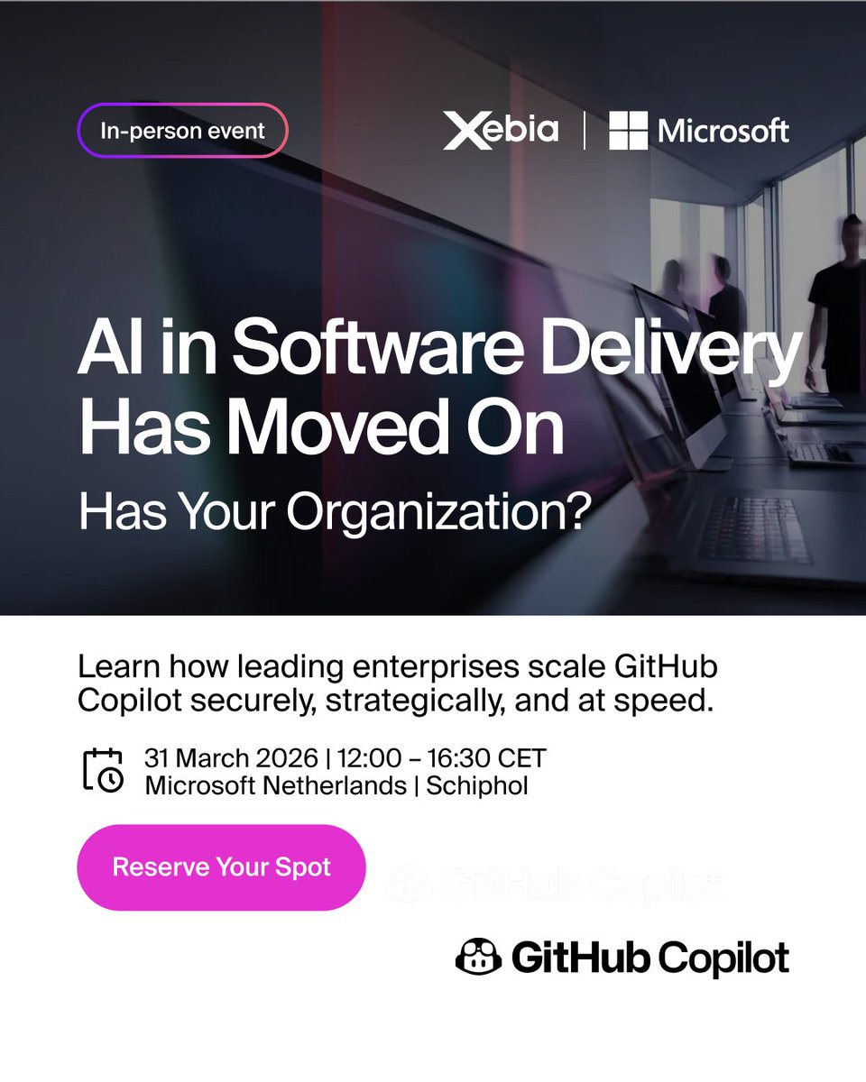 Xebia_Global's tweet image. GitHub Copilot pilots are over. Now it’s about scaling.

Join #Microsoft, #GitHub, and #Xebia on March 31 to see how enterprises make it work.

Register now: okt.to/Vn0QG1

#GitHubCopilot #AI