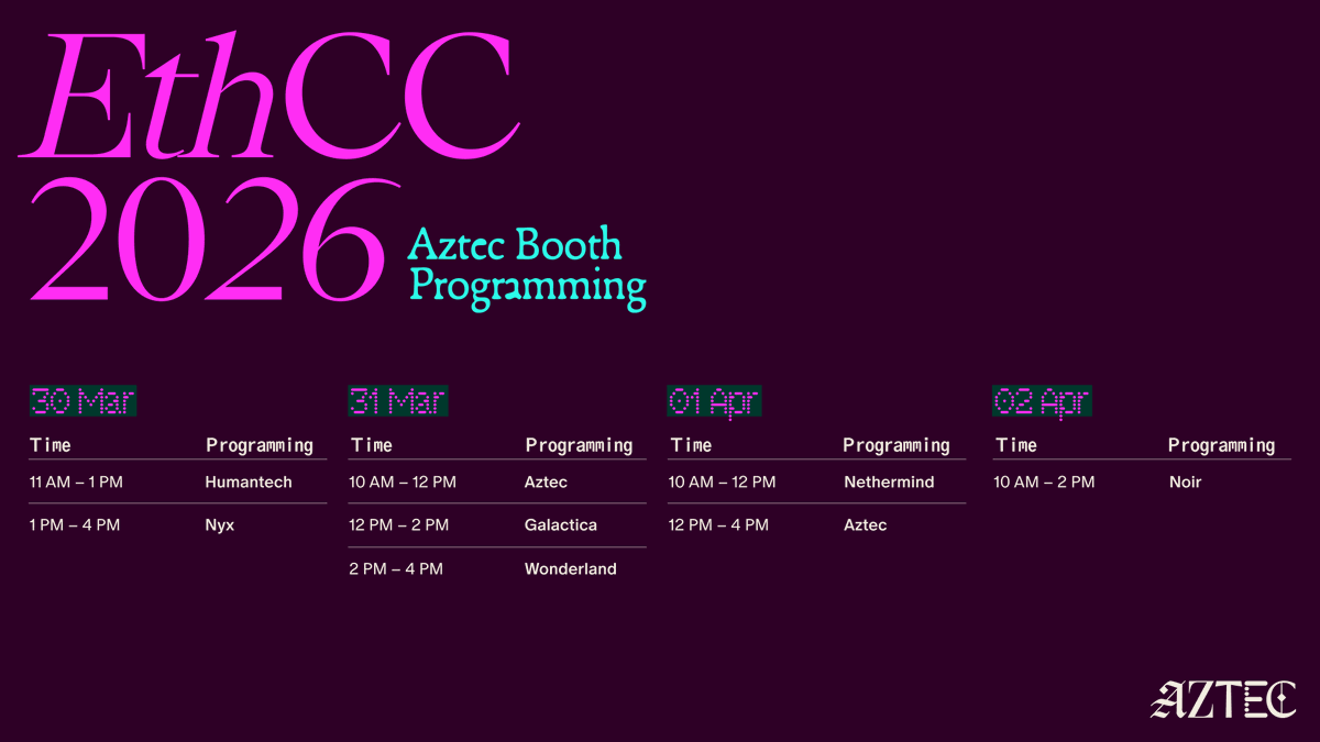 aztecnetwork's tweet photo. Next week, Aztec is taking over @EthCC with a full booth lineup.

Come meet the team, explore projects building on Aztec, get privacy pilled, and see what Privacy in 2026 will look like. https://t.co/6n1nJqBtuZ