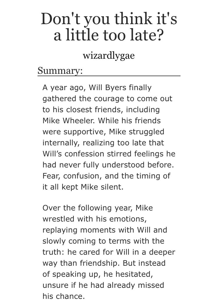 wizardlygae's tweet photo. Don’t you think it’s a little too late?

CHAPTER ONE:

https://t.co/7IEz8V44cg #byler #bychance https://t.co/TjltuZ5rPs
