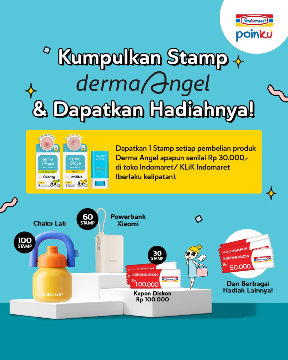 Indomaret's tweet photo. Mau punya Chako Lab? 👀 Beli DermaAngel, kumpulkan Stamp dan dapatkan hadiahnya! 💫
Tukarkan Stamp dengan Chako Lab, powerbank atau kupon belanja di Indomaret! 💙
Cek S&K lengkap di aplikasi Indomaret Poinku
Periode : 16 Mar - 17 Mei 2026
#Indomaret #IndomaretPoinku #DermaAngel https://t.co/rbtJ3S6Sv2