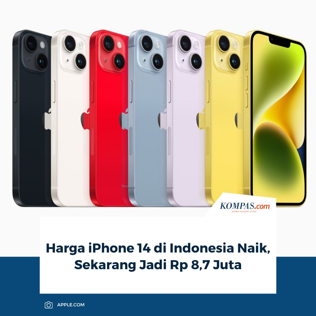 KompasTekno's tweet image. Harga iPhone 14 di Indonesia saat ini mengalami kenaikan menjadi Rp 8,749 juta, meningkat sekitar Rp 250.000 dari periode pertengahan Maret kemarin.

👉🏻Baca selengkapnya tekno.kompas.com/read/2026/03/2…

~AM #Iphone14 #Iphone