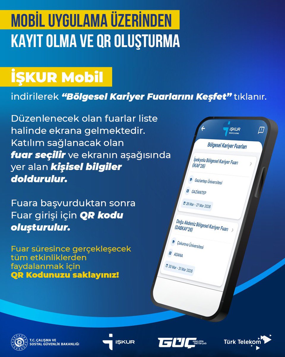 🚀Gençliğin Üretim Çağı Bölgesel Kariyer Fuarları'nın ilki Gaziantep’te başladı.

Bölgesel Kariyer Fuarlar'ına katılım için kayıt işlemleri kolaylıkla gerçekleştirilebilmektedir.

💻 Web sitesi üzerinden:
GÜÇ Platformu üzerinden “Kayıt ol” butonuna tıklanarak başvuru tamamlanır