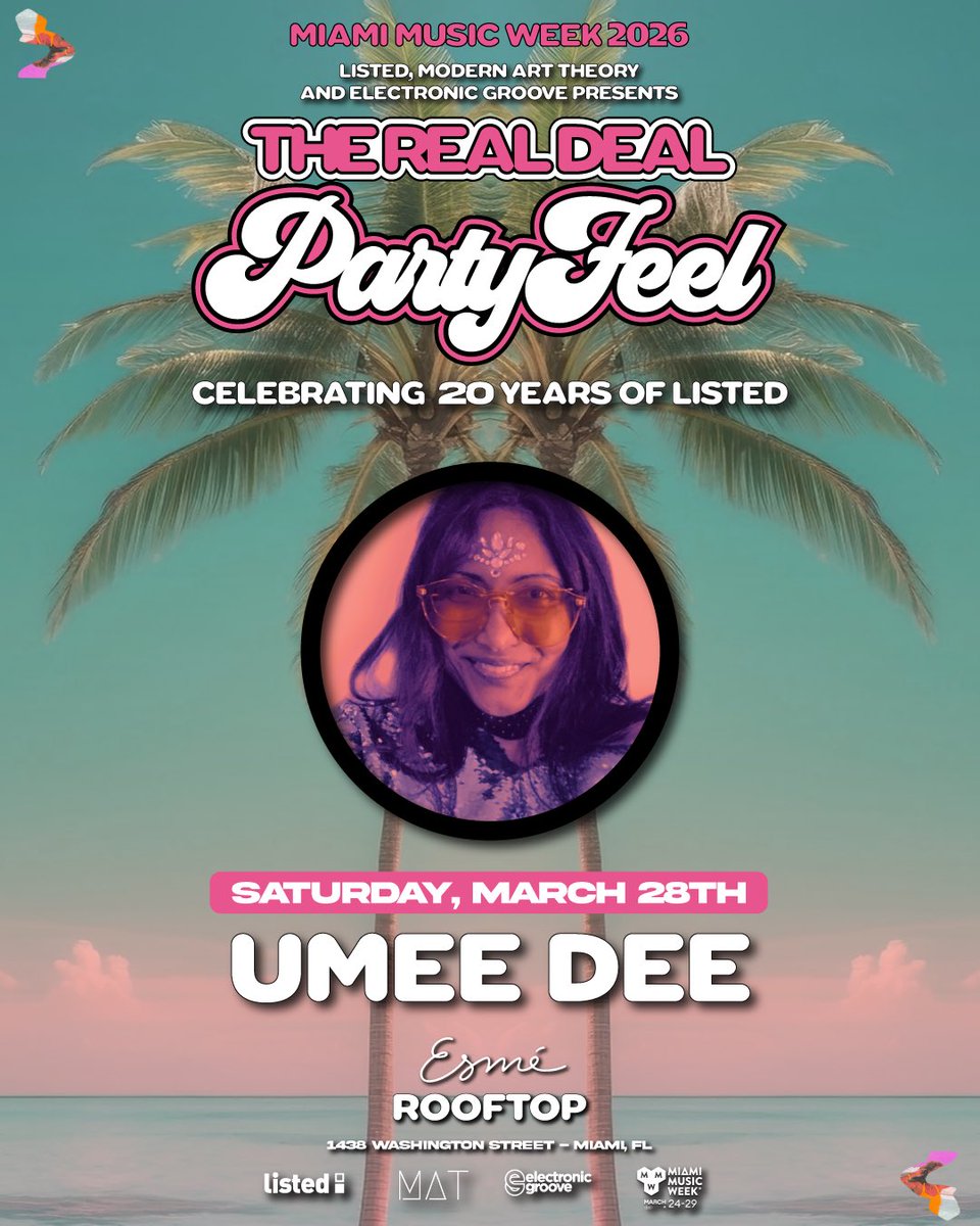 UmeeDeeMusic's tweet photo. Miami Music Week energy ⚡️
Saturday @ Esmé rooftop

Playing alongside some serious legends for 20 years of Listed
Let’s make it count.
#MMW2026 #MiamiMusicWeek #umeedeemusic https://t.co/E5D45hJybD