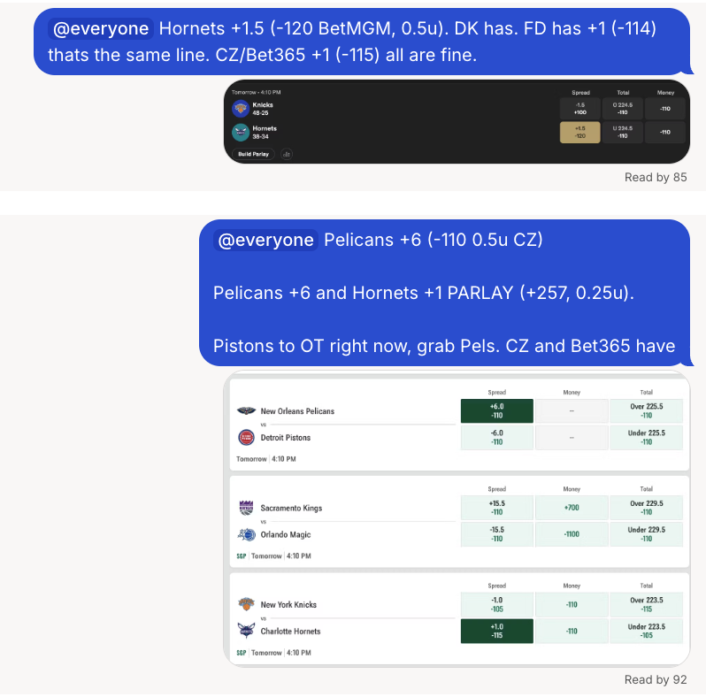 FiddlesPicks's tweet photo. 🏀Everything You Need To Know for NBA Thursday- A complete guide to a 3 game slate 🏀

Quick announcement: NBA Betting With Fiddle livestream Thursday is POSTPONED! Since it only a 3 game slate, I will review everything in this post and move the show to Saturday morning at 11am ET instead. I hope you guys can tune in for that.

Here we go - a full breakdown of all 3 NBA Thursday games which include schedule splits, projected injury reports, my price forecasting, actionable analysis and player prop looks. I am on a 5 day win streak going for 6; let’s get down on it!

New Orleans Pelicans @ Detroit Pistons

Schedule:
Pelicans on 1 day rest
Pistons on 3rd game in 4 nights, 2nd leg of a back to back + Wednesday night game went to overtime (yikes).

Injury Report:
Pistons: Marcus Sasser, Isaiah Stewart, Bryce McGowens (ALL OUT)
Pelicans: Trey Murphy, Dejounte Murray Questionable
*Unreported but Fiddle projected: Tobias Harris (hip), Jalen Duren (knee) are going to be downgraded to questionable tomorrow

Price Forecasting:
Current Market Consensus: Spread Pistons -5, Total 226
Fiddle’s Price Forecasting: Pistons -4.5, Total 226.5

Actionable Analysis:
Jalen Duren and Tobias Harris were upgraded from questionable to active Wednesday night dealing with the knee and hip respectively. Now on a 3rd game in 4 nights, the second leg of a back to back where the first game went to OT, I definitely expect them to land back on the injury report throughout the day Thursday. On the Pelicans side, Trey Murphy and Dejounte are both listed questionable but both finished last game and I expect them to play and are primarily priced as IN based on current lines. For the Pelicans this is the front leg of a B2B before they travel to Toronto for a road game there on Friday. If they both are active on Thursday, Dejounte will definitely miss Friday and Murphy likely does too.

I price this game at Pelicans +6.1, but the adjustment to +4.5 above factors in a projection that Harris and Duren land on the injury report tomorrow and are probably worth a collective 3.5 points. The Pistons might be incredibly thin tomorrow and almost throw in the towel for this game, off an overtime game already missing Cade Cunningham and Beef Stew, and possibly getting Tobi and JD added to that tomorrow. The Pistons have a 4 game lead on 1st place with 10 games remaining, their seeding is likely still very secure.

I did action in the whop group a Pelicans +6 ATS, as well as Pelicans +6 parlayed with the side I am on in the Knicks @ Hornets game. I had a feeling there would be a market push because the Pistons vs Hawks game went to overtime. The lesson here: if a team goes to overtime while having the game the next night already priced, bet it quick because its going to move. No one in market is rushing to bet Pistons as they head to overtime. Risk of injury remains, risk of resting a player increases. Its a asymmetric one sided market where you are going to gain CLV on the rested team 95% of the time or higher. You can figure out whether you want to dump the CLV (via opening a middle or selling it at profit) or ride it later, but grab the position so you have good options on your hands. Right now Pelicans +6 is already able to middle with some Pistons -4.5 in market (or the corresponding ML would give more room and still be a negative value hold).

If I was betting it right now with a blank slate- still Pelicans or nothing. And maybe delve into the prop market early to look for upside scoring and stat props on players like Daniss Jenkins and Paul Reed who will get increased usage.

Player Props To Consider Actioning Right Now:
Caris Levert Ov 9.5 Points + Reb (+102 Bet365)
Kevin Huerter Ov 7.5 Points (+100 Bet365)

** Caris Levert 20+ Points longshot +1800, Ausar Thompson 10+ Reb (+850) definitely worth looks as well. I normally hate these longshot ladder plays but if you can front injury news and target guys who will get usage spikes its very good.

*Both the Levert and Huerter props were released in whop at 0.25u. I always say skip props if you are concerned with limits, feel free to double them otherwise. Parlaying them a good sharp disguise as well.

Whop Plays from this game:
Pelicans +6 (-110, 0.5u)
Levert Ov 9.5 Points + Reb (+102, 0.25u)
Huerter Ov 7.5 Points (+100, 0.25u)
Pelicans +6 & Hornets +1 Parlay (+257, 0.25u)

New York Knicks @ Charlotte Hornets

Schedule: both teams on 1 days rest, no B2B or 3 in 4 spots.

Injury Report:
Knicks: OUT- Landry Shamet, Duece McBride
Hornets: OUT- Tidjane Salaun (his sister in the WNBA is better than him, this is a Reggie Miller/Cheryl Miller 2.0 situation). QUES - Pat Connaughton

Price Forecasting:
Current Market Consensus: Hornets -1, Total 223
Fiddle’s Price Forecasting: Hornets -1.6, Total 225.5

Actionable Analysis:
The market for the game total has already risen at some open, hit a resistance point and started dropping back down. Some books opened at 222.5, rose to 224.5, and now are settling around 223/223.5. When I see that, despite my number being higher, I do not rush to place a bet on the over - I likely just stay away. It’s an over or nothing for me, and right now I am still nothing there.

As for the spread, I definitely played and released the Hornets +1.5 (-120) and +1 (-115) in parlays where good Pelicans prices were. The +1.5 vs +1 is worth about 6cents, so the -115 line is just 1cent of value worse than the +1.5 (-120). Normally I have a rule about only parlaying when I think high likelihood of +CLV on all the tickets, and being able to pair best numbers in market together. Rules always have reasons to be broken tho, and seeing big asymmetry in the Pelicans spot, I forewent the best in market rule at simply 1cent worse value on Hornets ATS.

I still think Hornets ML is actionable. There is a -112 at BetRivers, and plenty of -115s in market. All are a go for me, and better prices than the spreads using the same value shifts of the +1 being worth about 6cents. An NBA game landing on the #1 is the 11th most common NBA outcome, thus not a key number, and here you are trading information for a slightly worse price. The information is that the Hornets are very clearly the early market side based on line moves thus far. I bet it projecting that, I was right, so I got the best value there was (go me- this is my strong suit). But if I am showing up blank slate, I am still actioning Hornets ML and considering an OVER if I see this start to creep back up.

Player Props To Consider Actioning Right Now:
Brandon Miller 2+ Steals (+220 FanDuel)
Mitchell Robinson Double Double (+1020 DraftKings)
LaMelo Ball Triple Double (+6100 DraftKings)
Kon Knueppel Ov 24.5 PRA (-120 Bet365)
Miles Bridges Ov 1.5 3PM (+110 Bet365)
Jalen Brunson Under 7.5 Ast (-112 Bet365)

Whop Plays from this game:
Hornets +1.5 (-120, 0.5u)
Hornets +1 (-115) & Pelicans +6 Parlay (+257, 0.25u)

Sacramento Kings @ Orlando Magic

Schedule:
Kings: 1 Day Rest
Magic: 3rd Game in 4 Nights, but coming off the 1 rest day with the B2B being Monday/Tuesday

Injury Report:
Kings (yikes): OUT - Domas Sabonis, Zach LaVine, Russel Westbrook, Keegan Murray, DeAndre Hunter, Drew Eubanks, Nique Clifford. QUES - Precious Achiuwa, Killain Hayes

Magic (yikes as well): OUT- Franz Wagner, Anthony Black, Jonathan Isaac. QUES - Jalen Suggs

Price Forecasting:
Current Market Consensus: Magic -15.5, Game Total 230.5
Fiddle’s Price Forecasting: Magic -15, Game Total 230.5

Actionable Analysis:

I love being this bang on with pricing games. I am half a point off the spread (on a low value number of 15), and spot on with the total. I have no plays on this game myself. My LEANS would be Kings ATS and the over, because it tightens more than it lengths if Suggs is OUT again, and Jalen Suggs history shows questionable might actually just mean doubtful (he and Joel Embiid are captains of the Questionable means Doubtful All Stars).

Of course- lean is a curse word where I come from. LEANS in the betting content space are a free roll for the creator. Leans HIT - bang even my LEANS were right. Leans LOSE - good thing that was only a lean. I will do none of that 💩. You read what you read, you’ll never see me recap a lean. I didn’t bet it. That was the final say in terms of my own action.

Player Props To Consider Actioning Right Now:
Desmond Bane 2+ Steals (+174 DraftKings, +162 FanDuel)
Tristan Da Silva 2+ Steals (+220 FanDuel)
Paolo Banchero Triple Double (+1900 FanDuel)
Wendell Carter Jr Double Double (+389 DraftKings)
Wendell Carter Jr Ov 9.5 Reb + Ast (-125 DraftKings)
Devin Carter Ov 23.5 PRA (-112 Bet365)

Whop Plays from this game:
Wendell Carter Jr Double Double +389 (0.2u to win 0.778u DK)

If you want to access to all of my picks in real-time in a locked text chat, use this Whop Picks button above to check out the store page.

In addition to my plays, there are also a bunch of betting resources available in the group as well. They include: NBA Market Ratings Updated 3x per week, NBA Schedule Grid displaying rest spots for every game, a coded bet tracker to help track your CLV efficiency metrics (including my updated in real time tracker), Key Numbers charts for NBA sides, WNBA sides, and NFL sides and totals to know the outcome frequency of individual numbers, a spread to moneyline conversion table for the NBA and NFL - with implied probabilities in percentages for people using betting exchanges.

The cost is $100/month. HOWEVER, you will receive an account credit for an entirely free month for any/every losing month. The group has been active for 19 months, and it has happened 4 times. It is as “risk-free” as any package in the sports betting space.

The consistency in beating the closing line should lead to consistent results on solid volume. I send out close to 150 bets per month during the NBA regular season, and close to 80% end up ahead of the market.