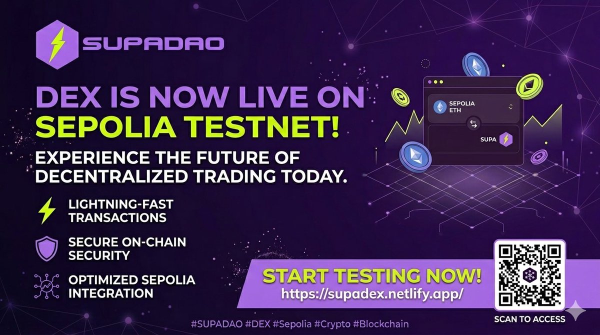 supadaofi's tweet photo. SupaDao DEX is LIVE on Sepolia Testnet!

Experience the future of decentralized trading today 
• Fast transactions  
• Secure on-chain execution  
• Optimized Sepolia integration  

Start testing now 👇  
https://t.co/DLp7jG9zjd

#SupaDao #DEX #Sepolia #Crypto #Blockchain https://t.co/rNASLQK8Yd