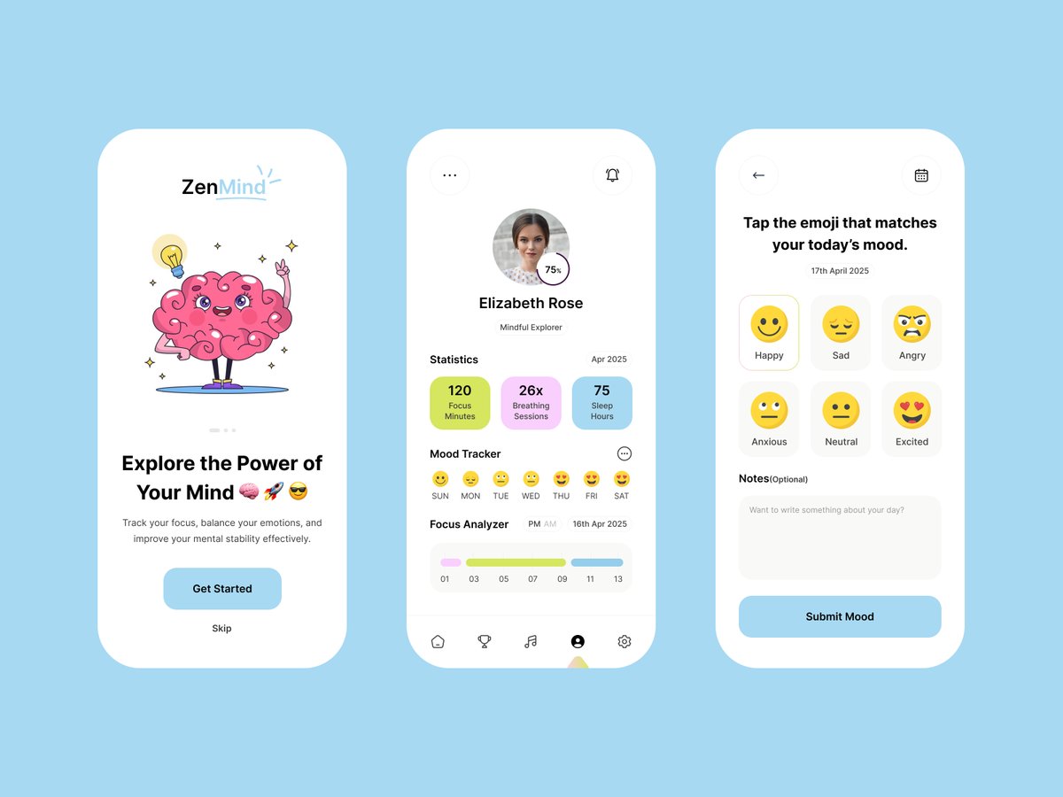 helloaksarkar's tweet image. Mental health apps need to feel safe before they feel functional.
→ Calm onboarding with a friendly brain mascot
→ Statistics dashboard showing focus minutes, breathing sessions..

Building a wellness app? DM me — UX heals.
#WellnessApp #MobileDesign #UIUX #MentalHealthTech