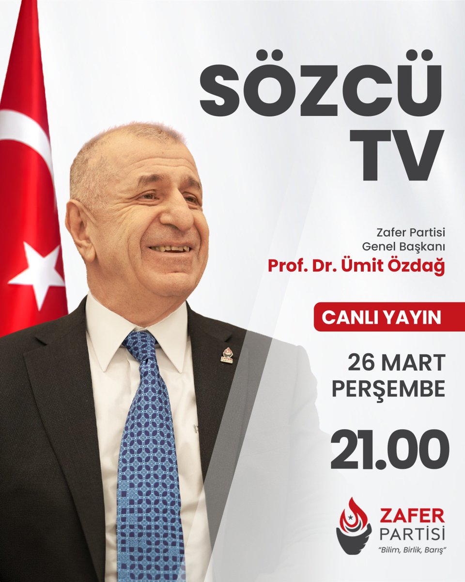 Genel Başkanımız Sayın Prof. Dr. Ümit Özdağ, bugün (26 Mart Perşembe) saat 21.00'de Sözcü TV ekranlarında Barış Terkoğlu ve Özlem Gürses'in canlı yayın konuğu olacaktır. 

🗓️ 26 Mart Perşembe 
⏰ 21.00
📺 Sözcü TV