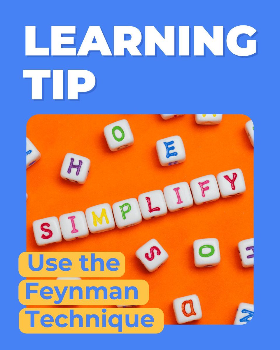 kalvielearning's tweet image. Break down complex topics by explaining them in simple terms. Teaching someone else forces you to understand the material deeply.

Example: “Pretend you’re teaching a friend, can you explain it clearly?”

#LearningTip #FeynmanTechnique #StudySmart #TeachToLearn #KalvieAdvice