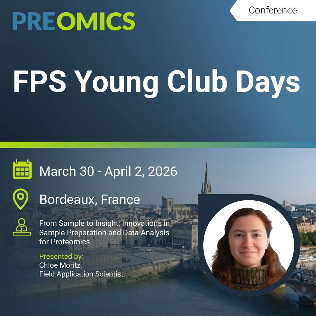 PreOmics's tweet image. 🇫🇷 We're looking forward to connecting with young scientists next week in Bordeaux for the annual meeting of Youth Club of FPS. Be sure to catch Chloe for a chat &amp;amp; her talk about the latest innovations in #sampleprep and data analysis for #proteomics.
👉ow.ly/7G9V50Yvbp0
