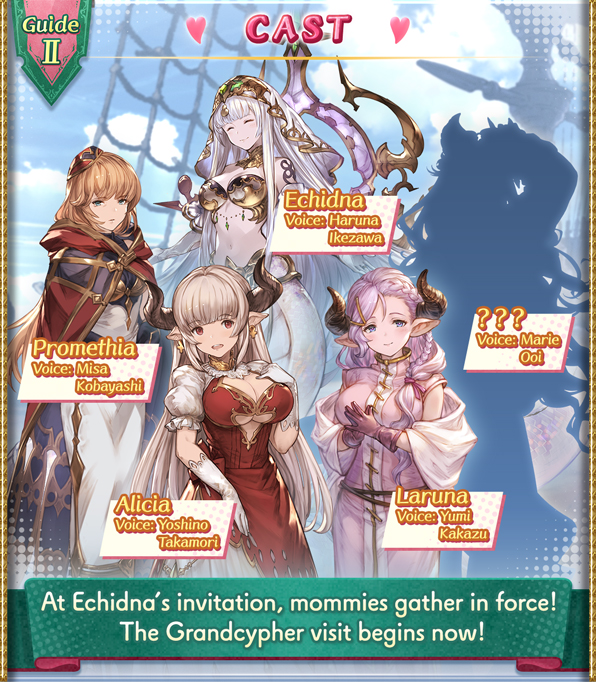 granblue_en's tweet photo. The preview for Momvasion! is updated, with Echidna, Promethia, Alicia, Laruna, and Mystery Mom added to the cast! https://t.co/QhSNGNwwjN