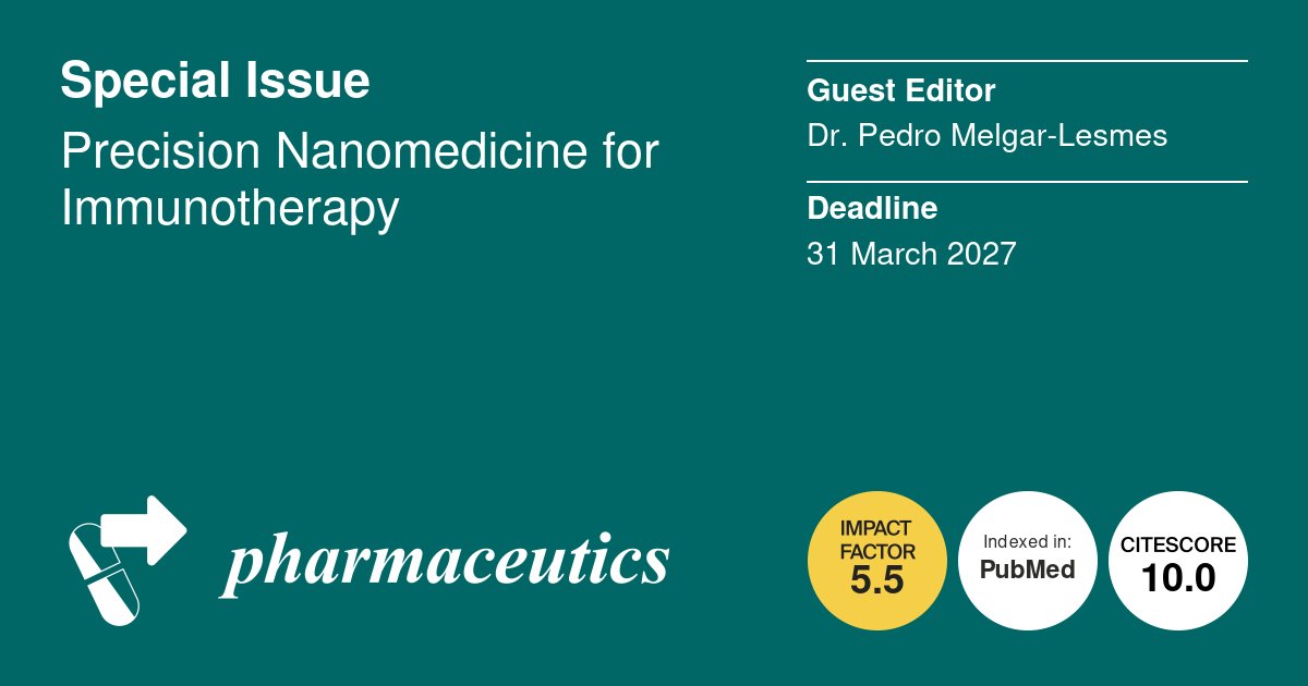 MDPIpharma's tweet photo. ⭐ New Special Issue!

📚 Precision Nanomedicine for Immunotherapy
🧑‍🔬 Dr. Pedro Melgar-Lesmes

🔗 https://t.co/BNmKMyzwG7 https://t.co/9FvIxFsKlj