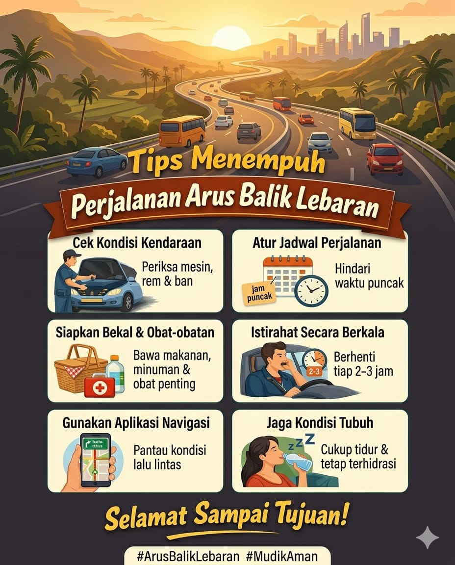 Merdekasatu1's tweet image. Cek kendaraan, atur jadwal, dan istirahat berkala agar perjalanan arus balik tetap aman dan nyaman.
#TipsMudik #ArusBalikLebaran #SelamatSampaiTujuan