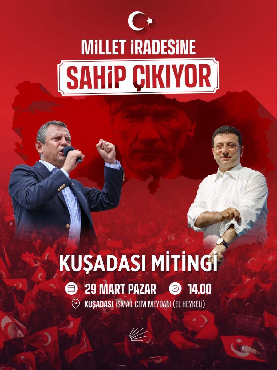 efeberberoglu's tweet photo. CHP Genel Başkanımız Sayın Özgür Özel, Kuşadası’na geliyor! 

Halkın iradesine uzanan ellere sessiz kalmayacağız.

Sandıkta verilen yetkiyi gasp etmeye çalışanlara teslim olmayacağız.

Hiçbir yol arkadaşımızı yalnız bırakmadık, bırakmayacağız!

Kuşadasının helal oylarıyla seçilmiş Belediye Başkanımız Ömer Günel’e sahip çıkmak için meydanlardayız.

🗓 29 Mart Pazar
⏰ 14.00
📍 Kuşadası İsmail Cem Meydanı(El Heykeli)