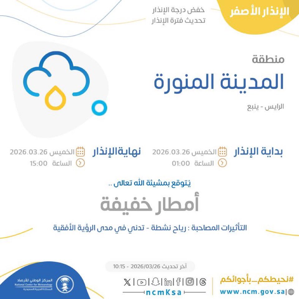 akhbar_med's tweet photo. #الأرصاد لا زلت فرصة هطول #الأمطار مستمرة على #المدينة_المنورة ومحافظاتها مع خفض درجة الانذار الى الانذار البرتقالي https://t.co/nfR6ogtXjk
