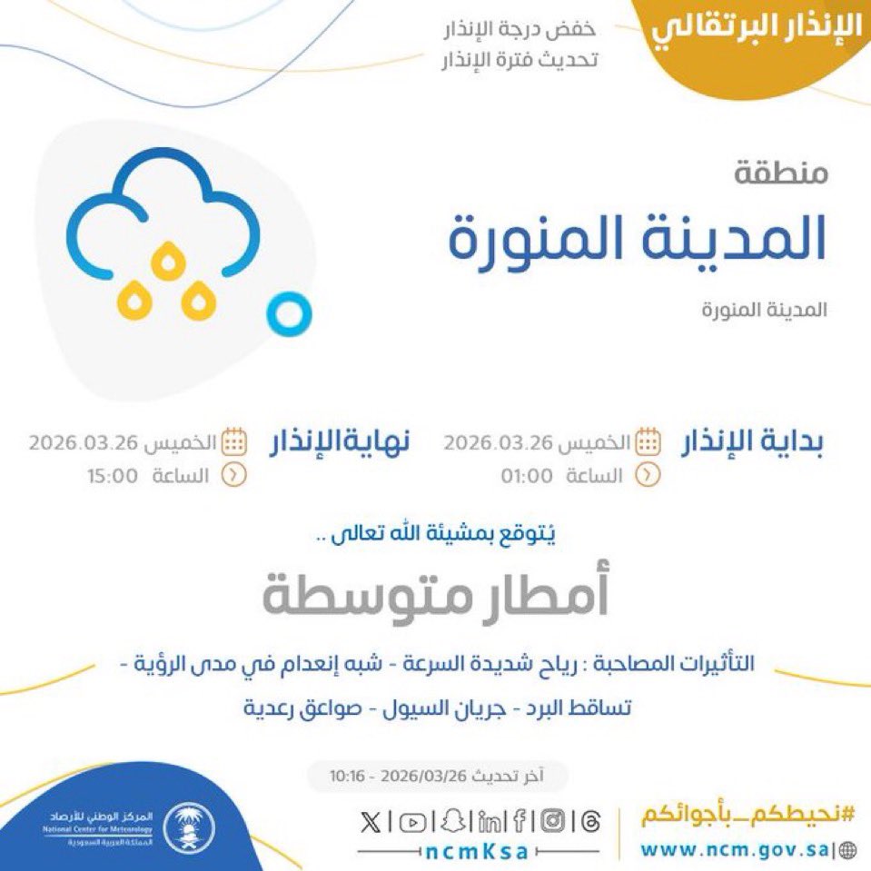 akhbar_med's tweet photo. #الأرصاد لا زلت فرصة هطول #الأمطار مستمرة على #المدينة_المنورة ومحافظاتها مع خفض درجة الانذار الى الانذار البرتقالي https://t.co/nfR6ogtXjk