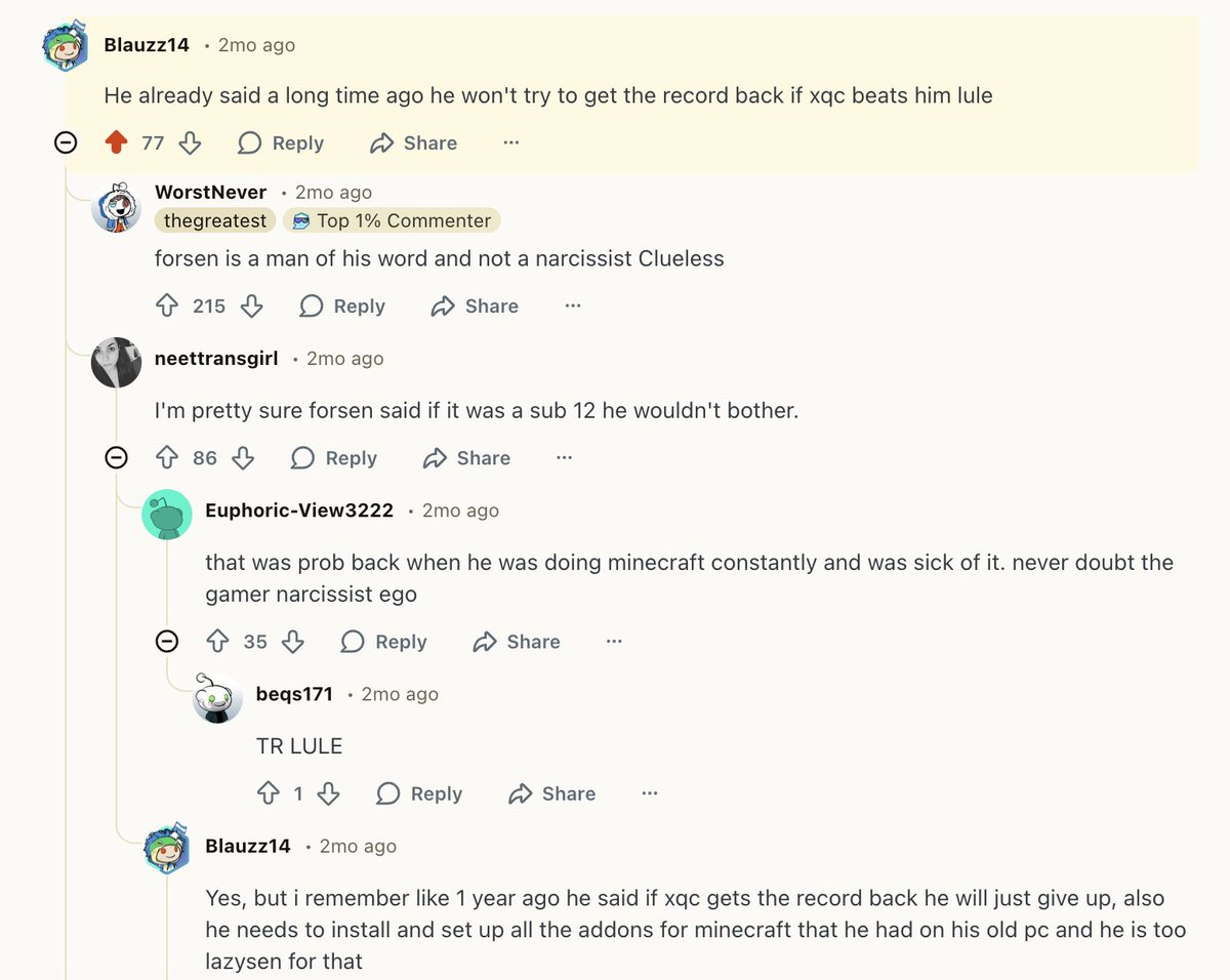 Buying $1 at 95¢ - Literally free money on this market.

> polymarket.com/event/will-for…

Forsen set the minecraft speedrun record in 2020 in 15:28 min and after 5 years in 22nd jan 2026 the record were broked by xQc in 14:27 min.

Forsen already told that they will not play minecraft