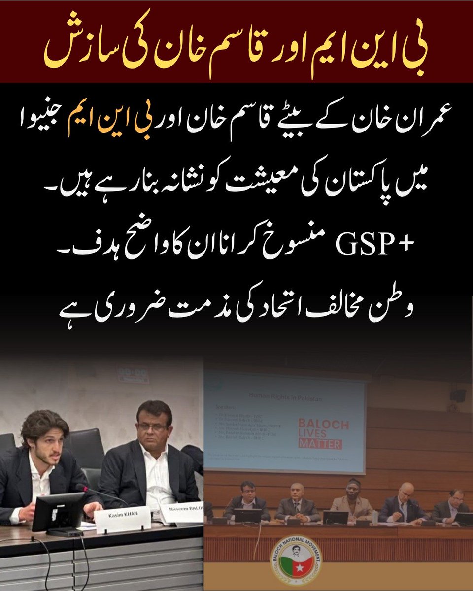 BL_Rang's tweet image. بی این ایم اور قاسم خان  کی سازش
عمران خان کے بیٹے قاسم خان اور بی این ایم  جنیوا میں  پاکستان کی معیشت کو نشانہ بنا رہے ہیں۔ +GSP منسوخ کرانا ان کا واضح ہدف۔ 
وطن مخالف اتحاد کی مذمت ضروری ہے.

#PakistanEconomy
 #EconomicStability
 #TradeMatters 
#JobsMatter 
#SupportWorkers