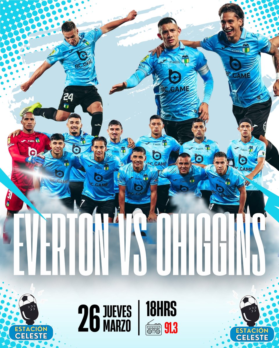 #DaleOHiggins⚽️ | ¡Hoy es #OHiggins 🇧🇼! Desde las 18 horas estaremos en el aire para llevarte todos los detalles del encuentro ante #Everton. Escúchanos en el 91.3 FM 📻 y en nuestro canal de Youtube, "Estación Celeste". 📲 #EstacionCeleste 🇧🇼