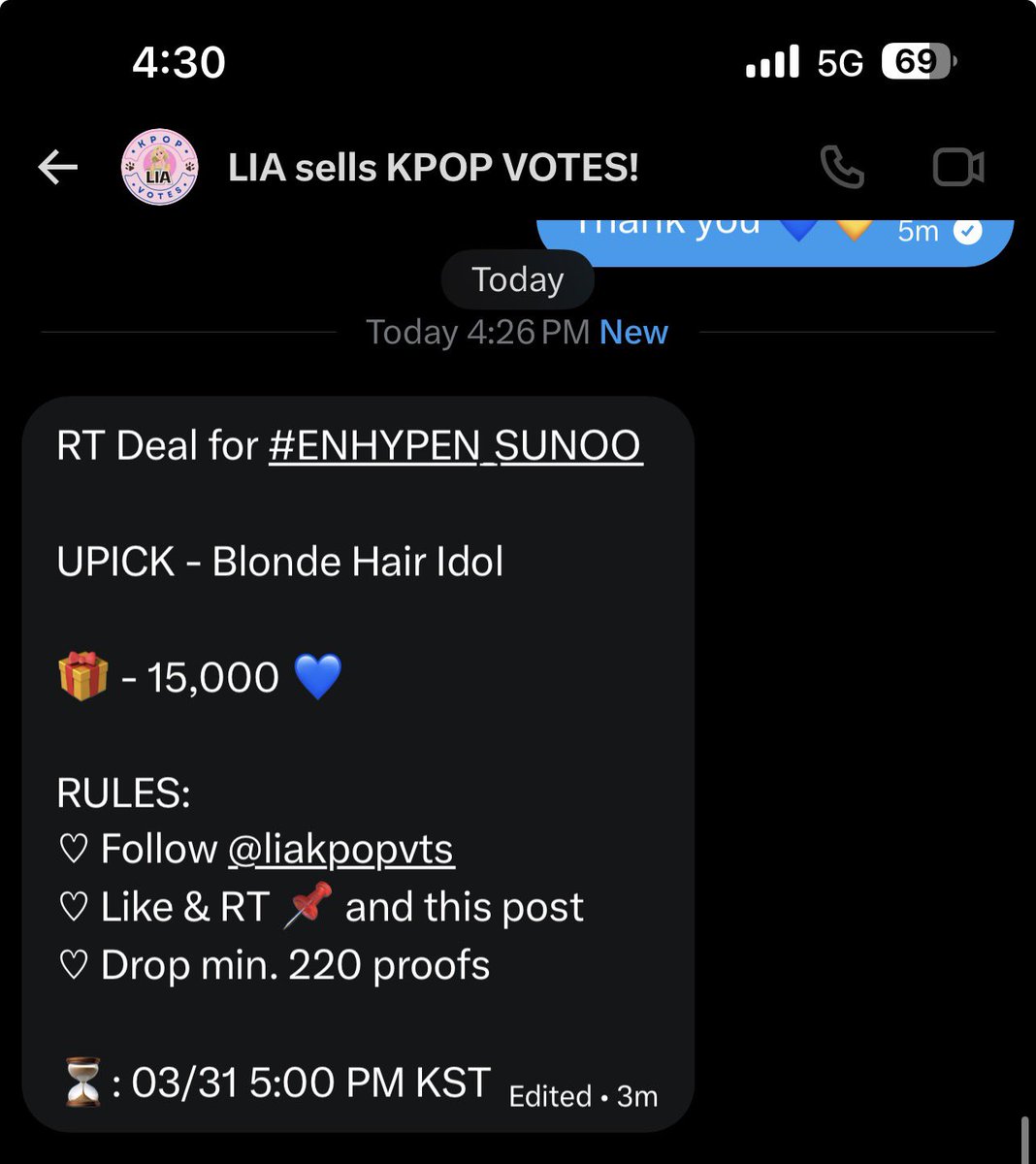 RT Deal for #ENHYPEN_SUNOO

UPICK - Blonde Hair Idol

🎁 - 15,000 💙

RULES:
♡ Follow <a href="/liakpopvts/">LIA sells KPOP VOTES!</a> 
♡ Like &amp; RT 📌 and this post
♡ Drop min. 220 proofs

⏳: 03/31 5:00 PM KST