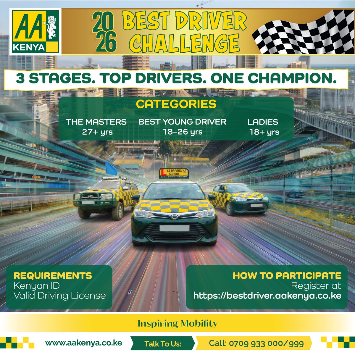 AAKenya's tweet photo. Do you have what it takes to be Africa’s Top Driver? Register for the AA Best Driver Challenge. The contest will run across six regions: Eldoret, Mombasa, Nakuru, Meru, Nairobi, and Kisumu, then wrap up in a grand finale in Nairobi. Exciting awards await, Don't miss.