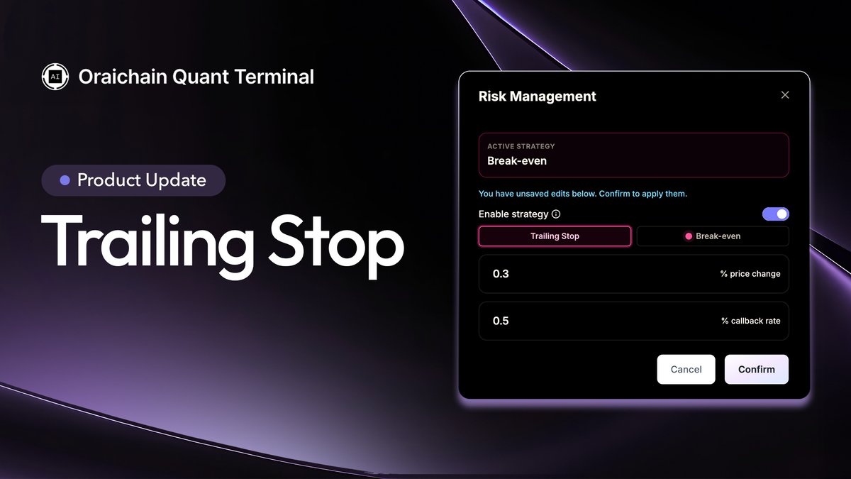 🔼 Quant Terminal Update: Trailing Stop

Enable "Trailing Stop", you can protect profits more precisely in volatile markets. 

✍️ Triggers only when PnL is positive.
Example: +0.3% to activate, with SL trailing 0.5% from current price. 

Live in Trade Mode. Manual per position.