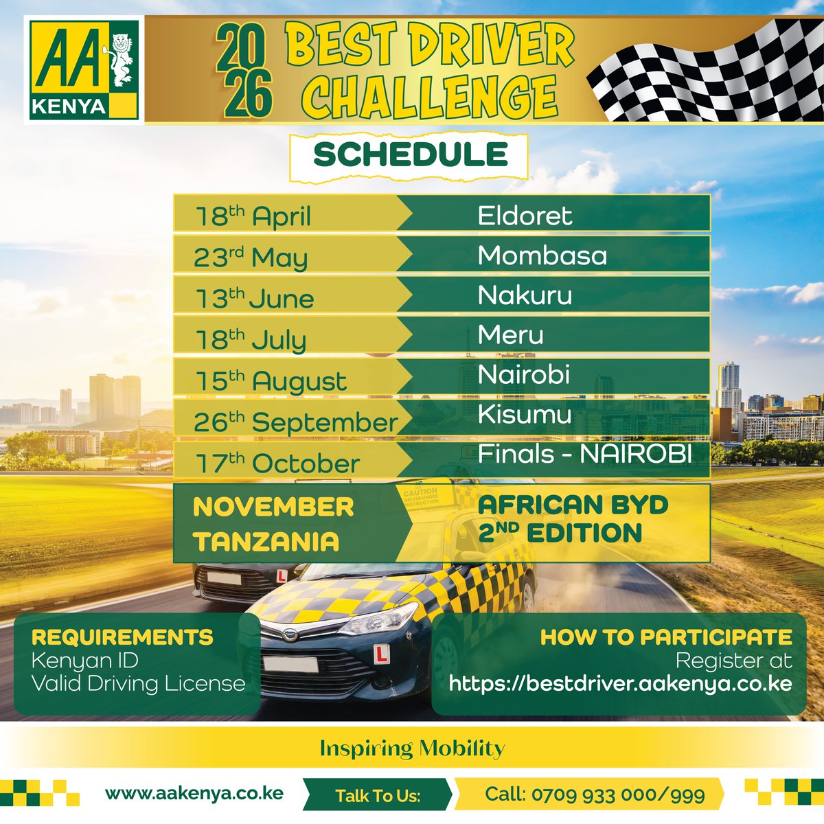 AAKenya's tweet photo. Do you have what it takes to be Africa’s Top Driver? Register for the AA Best Driver Challenge. The contest will run across six regions: Eldoret, Mombasa, Nakuru, Meru, Nairobi, and Kisumu, then wrap up in a grand finale in Nairobi. Exciting awards await, Don't miss.