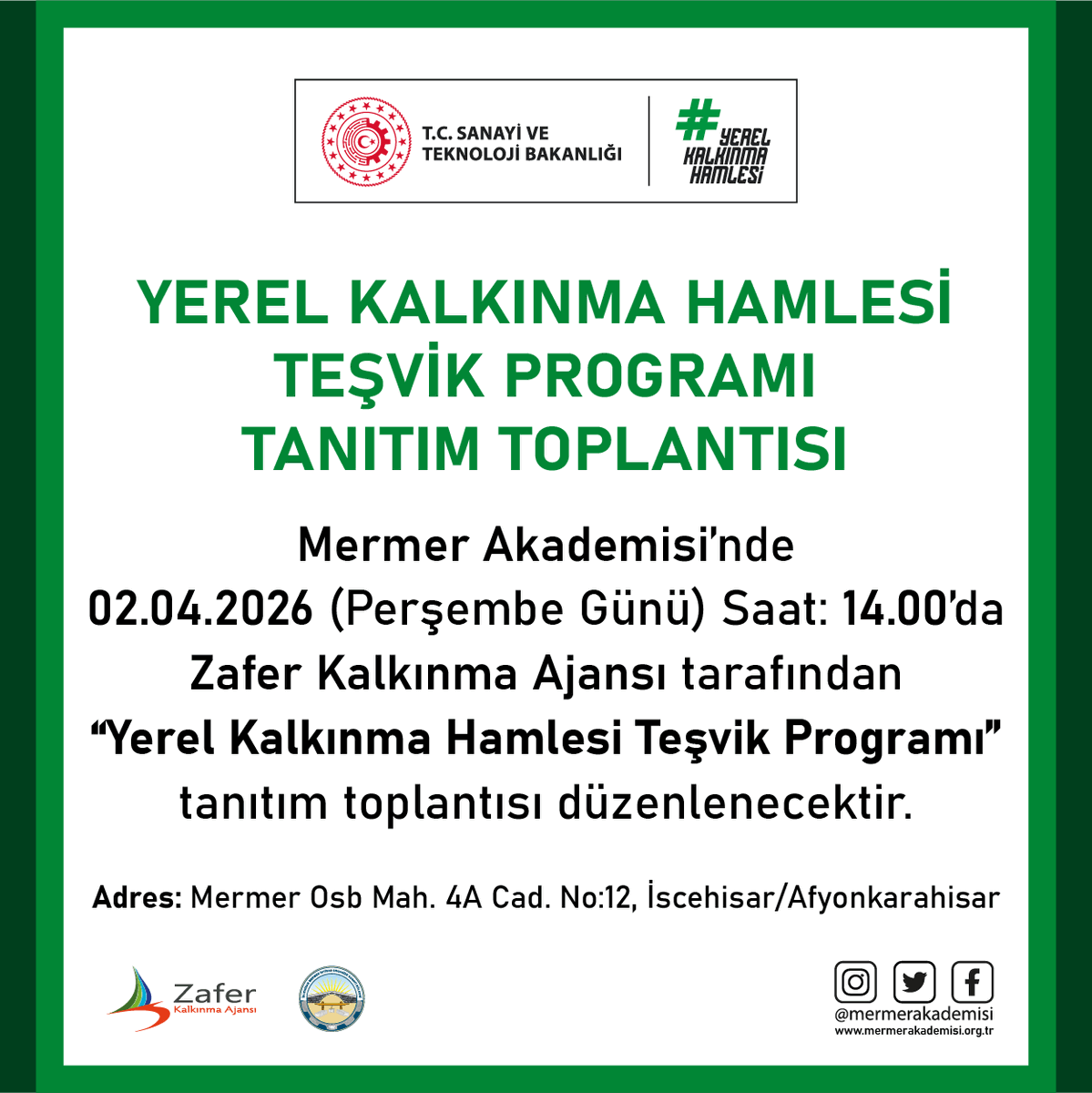 MermerAkademisi's tweet photo. Mermer Akademisi’nde 02.04.2026 (Perşembe Günü) Saat: 14.00’da Zafer Kalkınma Ajansı tarafından “Yerel Kalkınma Hamlesi Teşvik Programı” tanıtım toplantısı düzenlenecektir.

@TCSanayi 
@ZaferKATR33 https://t.co/fc7AV5D3q3