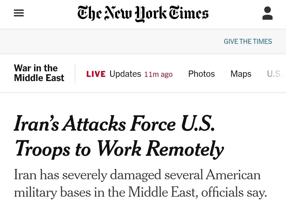 🇺🇸🤡 Trabajo remoto en zona de guerra: Irán obliga a tropas de EE.UU. a operar desde hoteles

Irán ha bombardeado bases estadounidenses en todo Oriente Medio en represalia por la guerra con Israel, obligando a miles de soldados a trasladarse a hoteles y oficinas improvisadas en