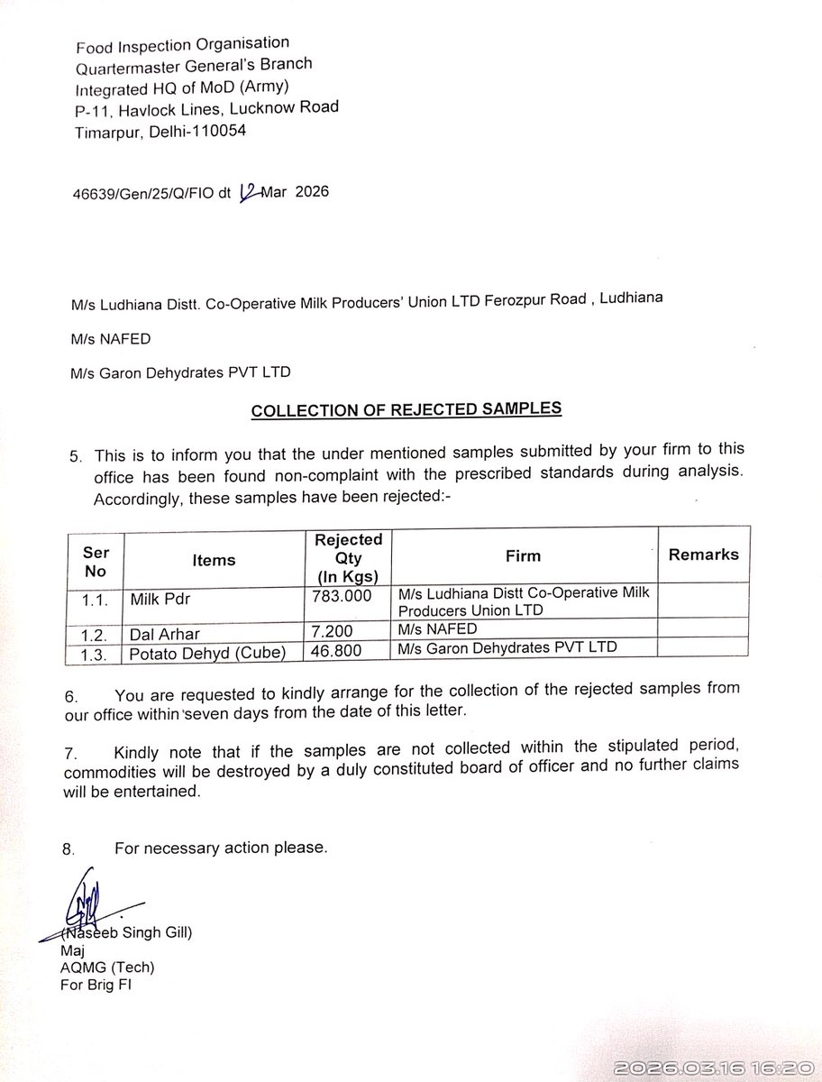 Appeal of Rejected sample again Rejected by Army. Punjab Government Should Speak on this What is happening with Milk Powder?