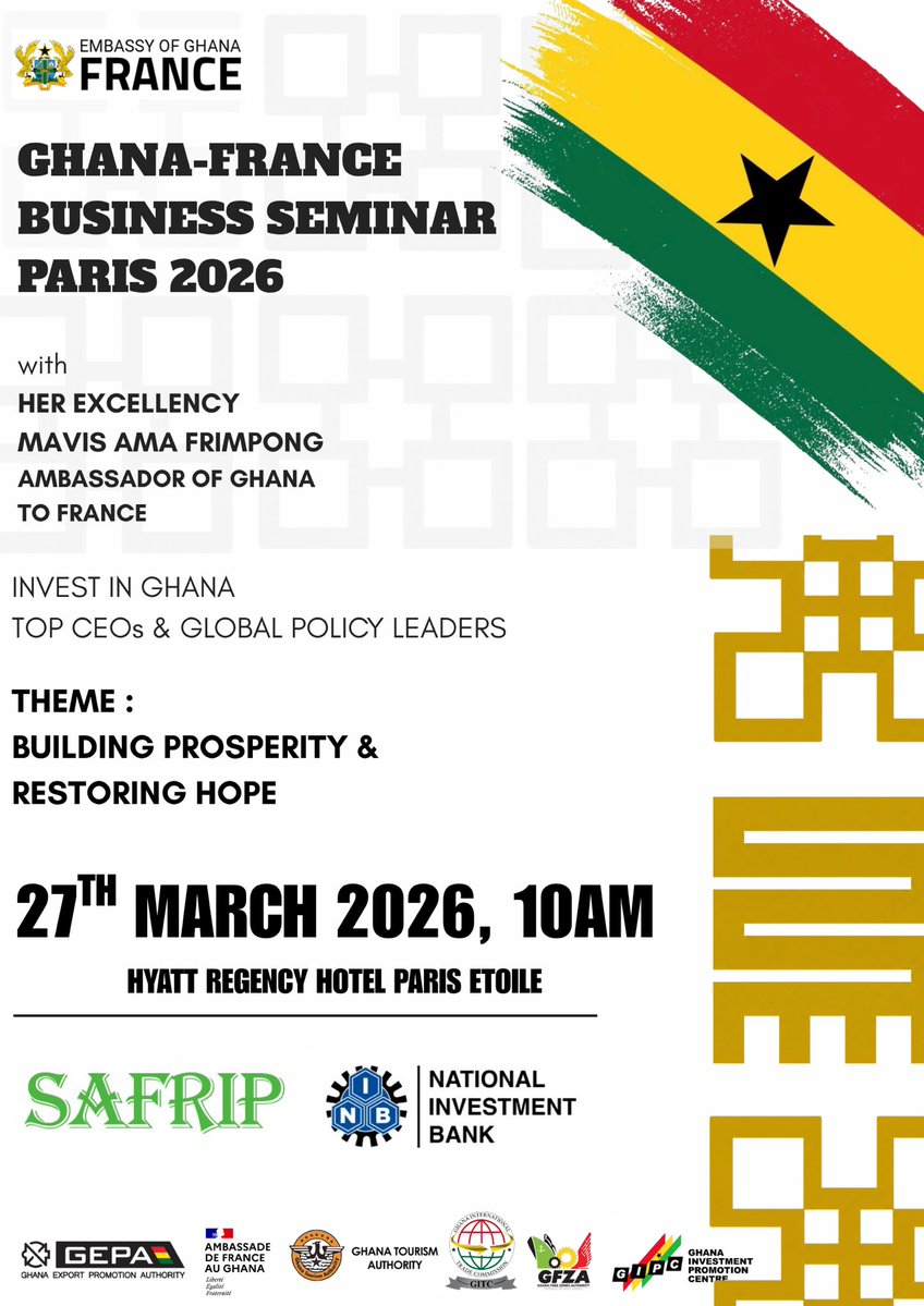 The Ghana-France Business Summit Paris 2026, takes place on March 27th 2026 at the Hyatt Regency Hotel Paris Etoile. 

Join top leaders to promote trade &amp; industry between Ghana &amp; France. 

Interested companies, contact the embassy at office.paris@embassy.gov.gh  for info! 🇬🇭 🇫🇷