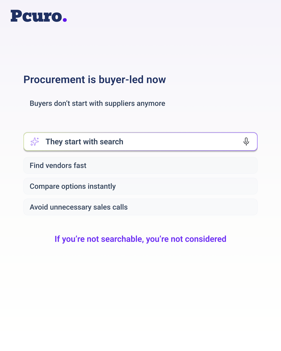 pcurohq's tweet photo. Most suppliers are still selling like it’s 2015

Procurement has already moved on

Buyers don’t start with suppliers anymore 
they start with search

If you’re not showing up there 
you’re not being considered

How is your team sourcing suppliers today?

#B2B #Procurement #Marketplaces