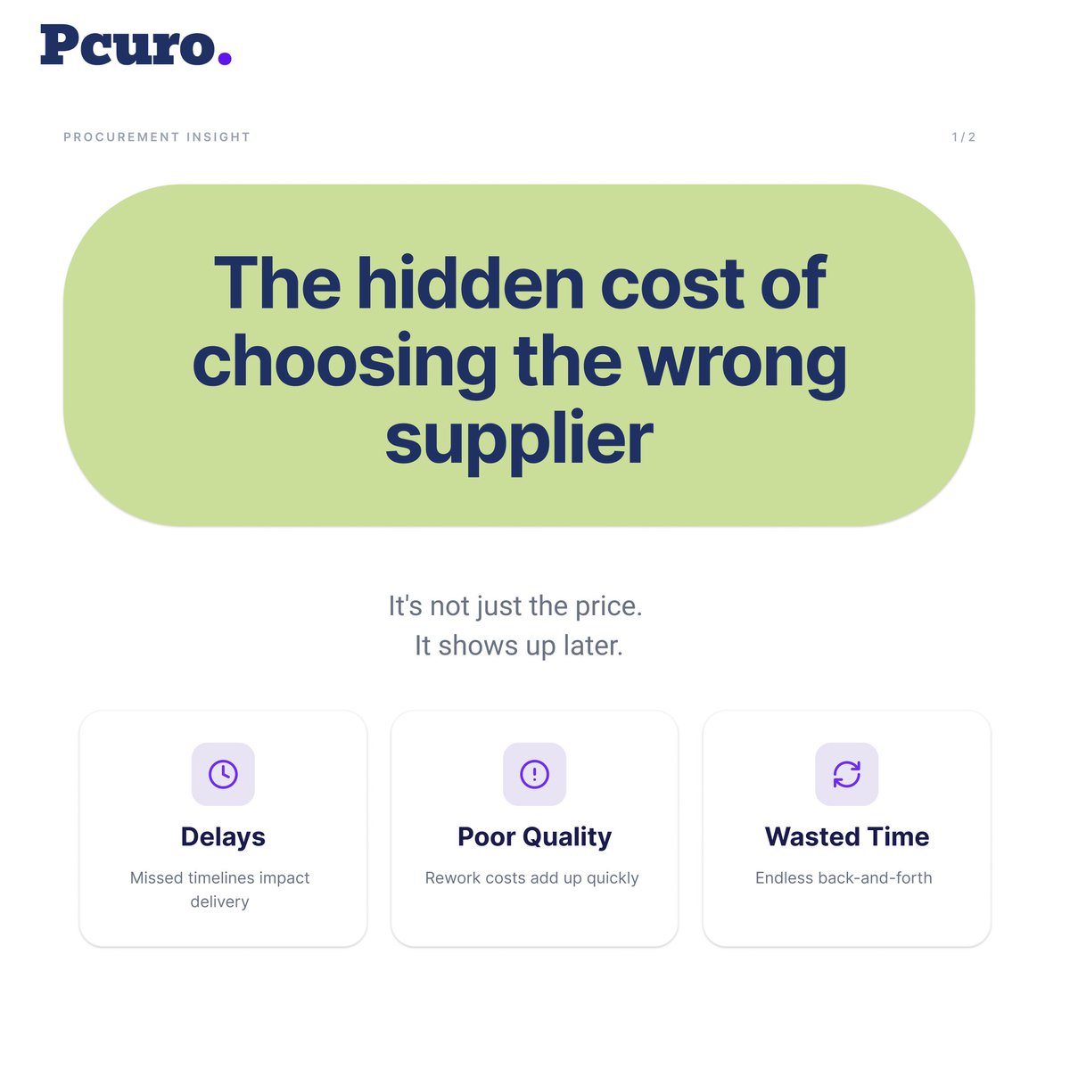 pcurohq's tweet photo. Most teams think the biggest cost in B2B procurement is the price.

But it usually isn’t.

The real cost shows up later.

Missed deadlines. Poor supplier quality. Time spent fixing mistakes.

None of this shows up in the quote.

That’s why the cheapest supplier often becomes the most expensive decision.

In business purchasing, price is easy to compare.

Supplier reliability isn’t.
That’s why having everything in one place matters.

With Pcuro, you can compare suppliers side by side and make decisions with more clarity.

Instead of guessing, you can compare suppliers in one place and make decisions with more clarity.

#b2b #procurement #supplychain #operations #startups #businessbuying