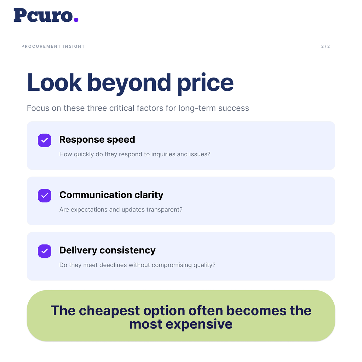 pcurohq's tweet photo. Most teams think the biggest cost in B2B procurement is the price.

But it usually isn’t.

The real cost shows up later.

Missed deadlines. Poor supplier quality. Time spent fixing mistakes.

None of this shows up in the quote.

That’s why the cheapest supplier often becomes the most expensive decision.

In business purchasing, price is easy to compare.

Supplier reliability isn’t.
That’s why having everything in one place matters.

With Pcuro, you can compare suppliers side by side and make decisions with more clarity.

Instead of guessing, you can compare suppliers in one place and make decisions with more clarity.

#b2b #procurement #supplychain #operations #startups #businessbuying