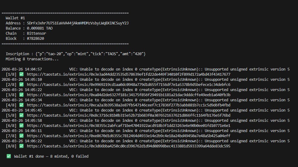 SajibDeb_bd's tweet photo. Just dropped my open-source TAO-20 Inscription Minter Bot for Bittensor! 🔥

Automates minting exactly like the official taoscriptions mint page.

Supports multiple wallets, custom amount, delay control, and shows live tx links.

https://t.co/mBgE6tJBUj https://t.co/wW6ZajGINe